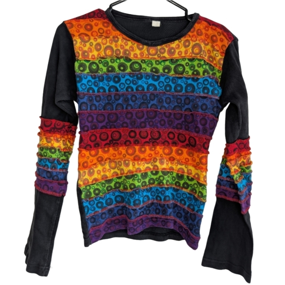 Women's Size Small‎ Rainbow Black Long Sleeve T-shirt Hippie Festival